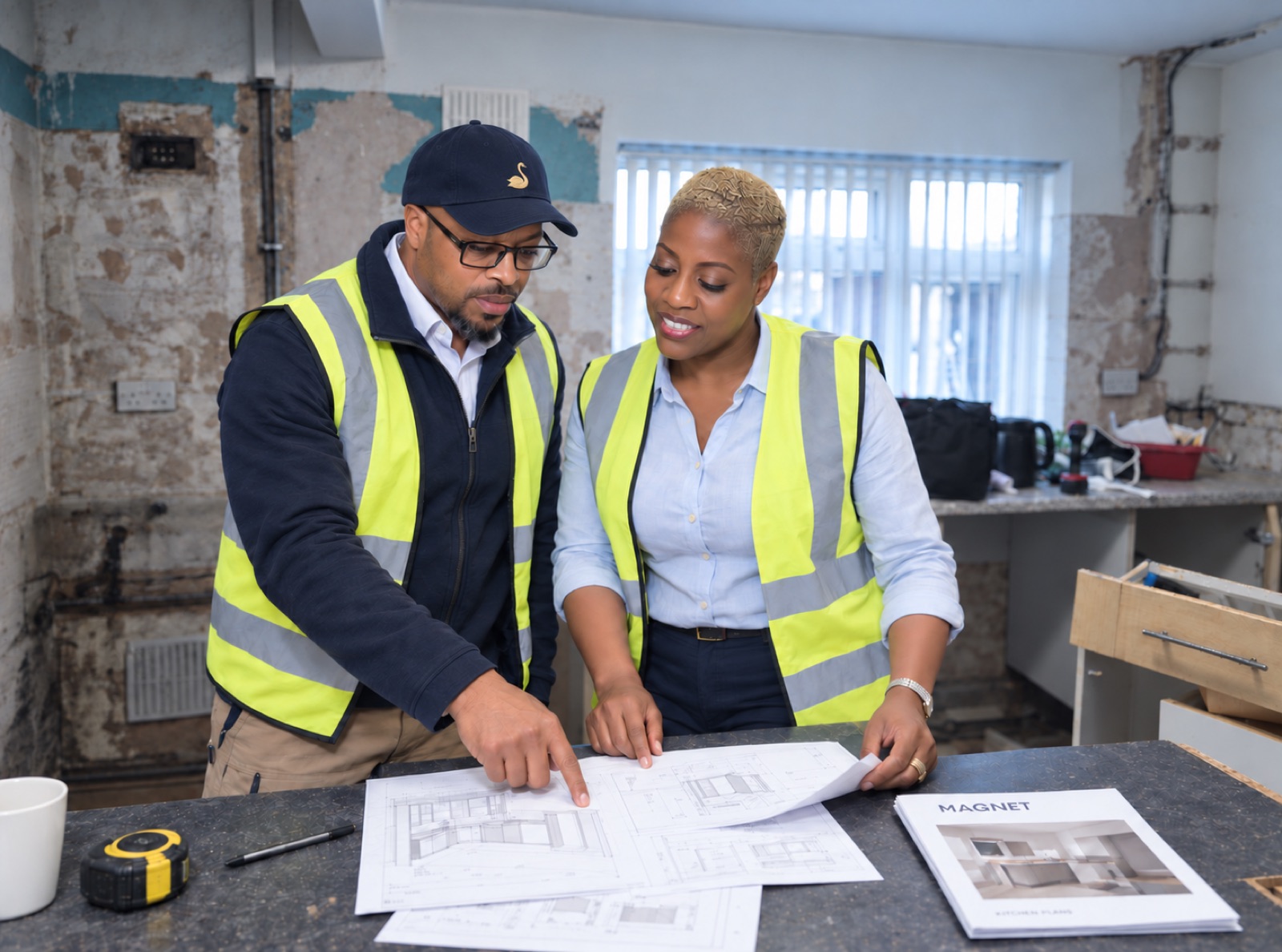 Robert and Marsha reviewing plans on site